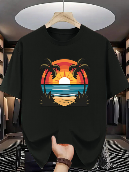 Men's Graphic T-Shirt Sunset Horizon With Palm Trees Framing A Vibrant Tropical Beach