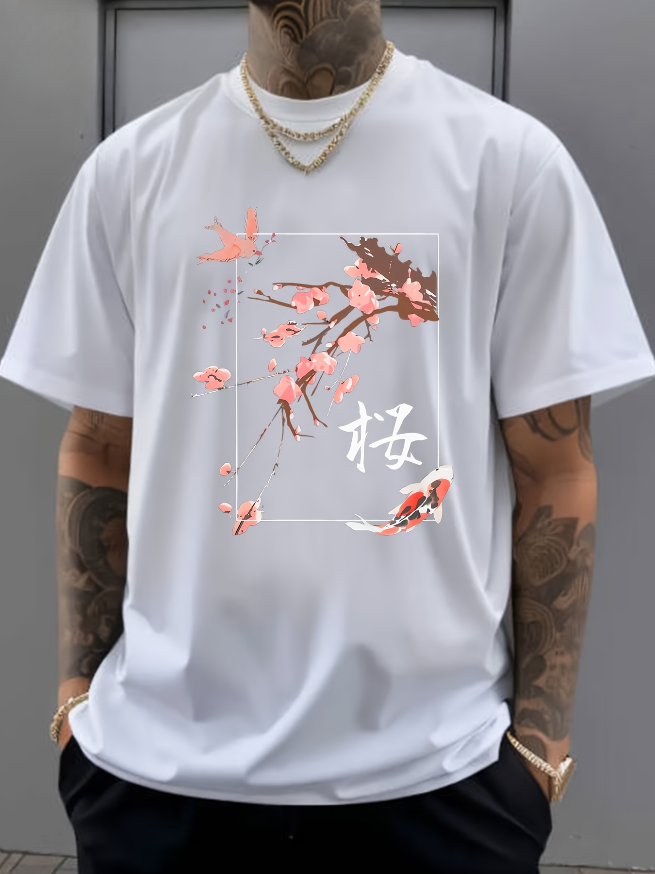 Men's Graphic T-Shirt Delicate Pink Blossoms Floating Beside Calm White Branches Flower