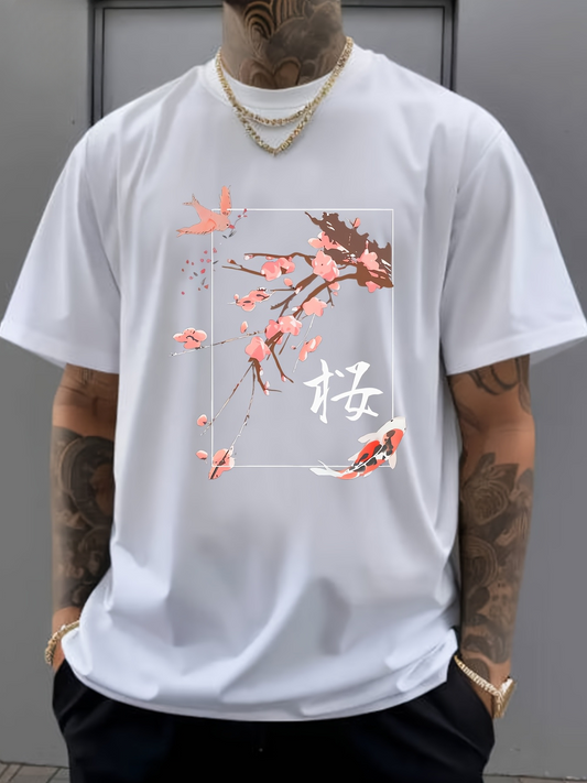 Men's Graphic T-Shirt Delicate Pink Blossoms Floating Beside Calm White Branches Flower