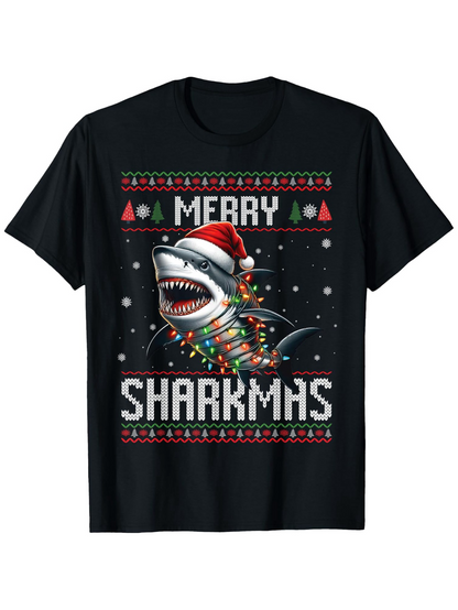 Men's Graphic T-Shirt Merry Sharkmas Festive Santa Hat Shark With Colorful Holiday Lights