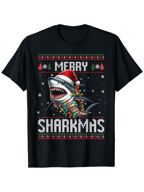 Men's Graphic T-Shirt Merry Sharkmas Festive Santa Hat Shark With Colorful Holiday Lights