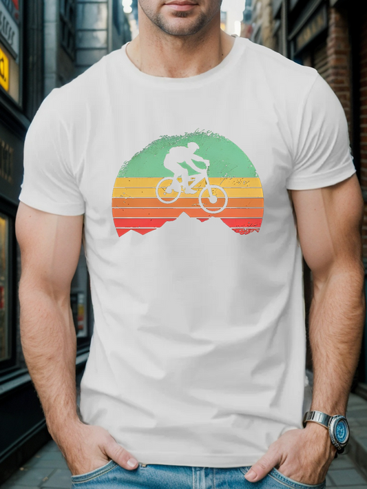 Men's Graphic T-Shirt Retro Colored Stripes With Cyclist Silhouette And Mountain Bike