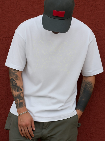 Men's Graphic T-Shirt White floral print with black and golden leaf design