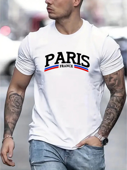Men's Graphic T-Shirt Paris France Bold Letters With Blue And Red Stripe Accents France