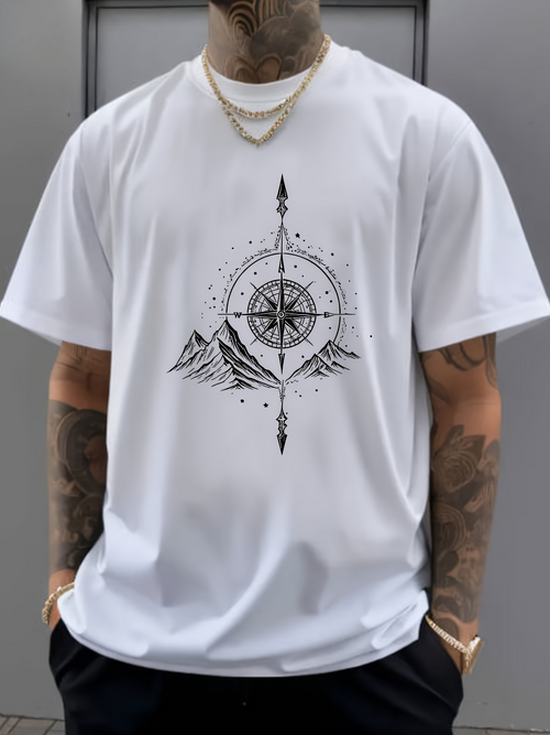 Men's Graphic T-Shirt Intricate Compass Illustration Among Dotted Lines Mountain Peaks T Shirt