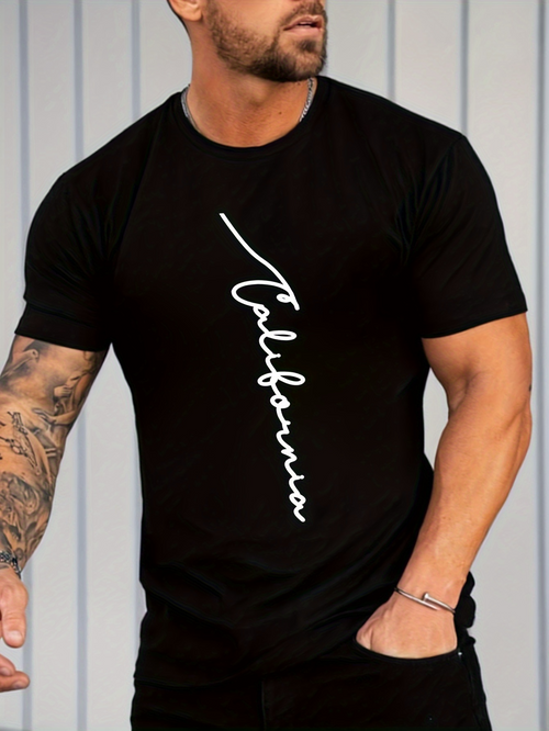 Men's Graphic T-Shirt California Handwritten Lettering With Vertical Modern Script Black T Shirt
