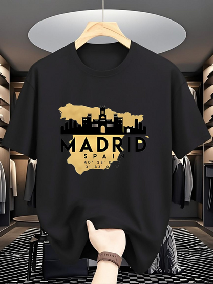 Men's Graphic T-Shirt Madrid Spain Golden Skyline With Modern Cityscape Elements