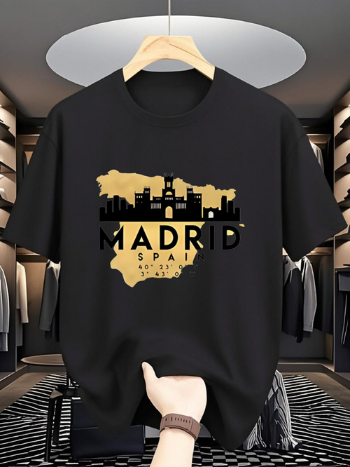 Men's Graphic T-Shirt Madrid Spain Golden Skyline With Modern Cityscape Elements