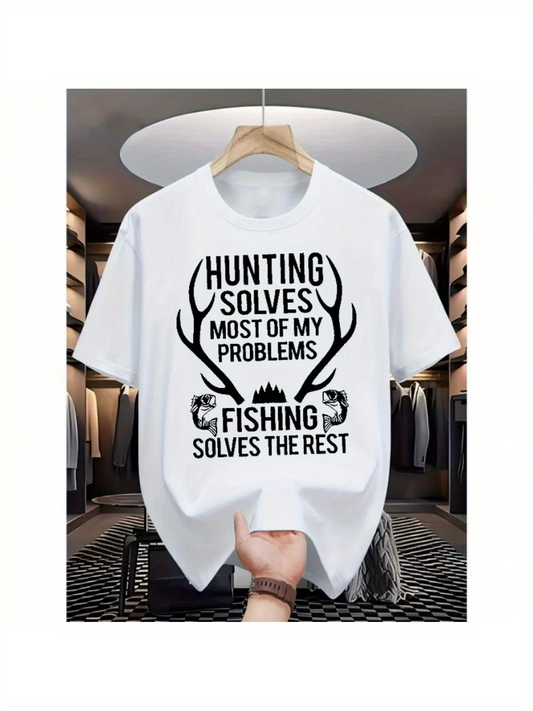Men's Graphic T-Shirt Hunting Solves Most Of My Problems Fishing Solves The Rest With Antlers And Fish Outline