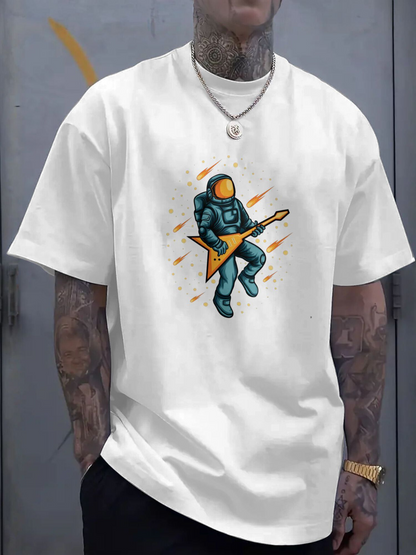 Men's Graphic T-Shirt Space Explorer Playing Electric Guitar Under Vibrant Neon Streaks Astronaut