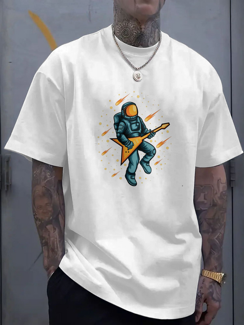 Men's Graphic T-Shirt Space Explorer Playing Electric Guitar Under Vibrant Neon Streaks Astronaut