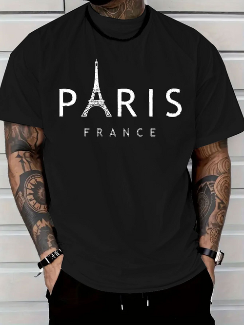 Men's Graphic T-Shirt Paris France With Eiffel Tower Graphic Under Bold Lettering