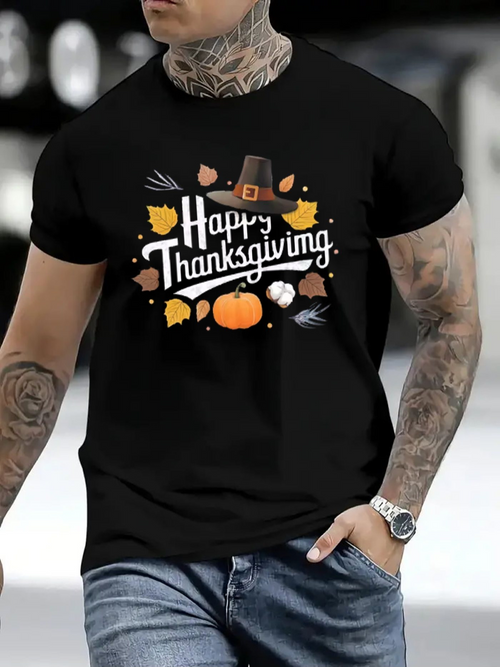 Men's Graphic T-Shirt Happy Thanksgiving Autumn Leaves And Pumpkins With Pilgrim Hat Pumpkin