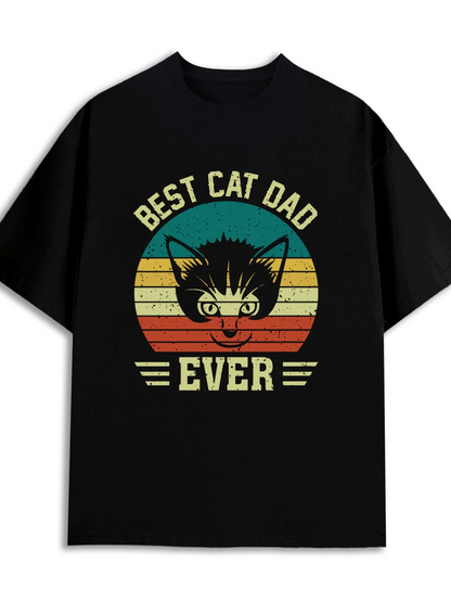 Men's Graphic T-Shirt Best Cat Dad Ever Retro Striped Sunset With Whiskered Angry Cat Face