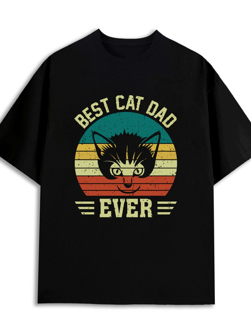 Men's Graphic T-Shirt Best Cat Dad Ever Retro Striped Sunset With Whiskered Angry Cat Face