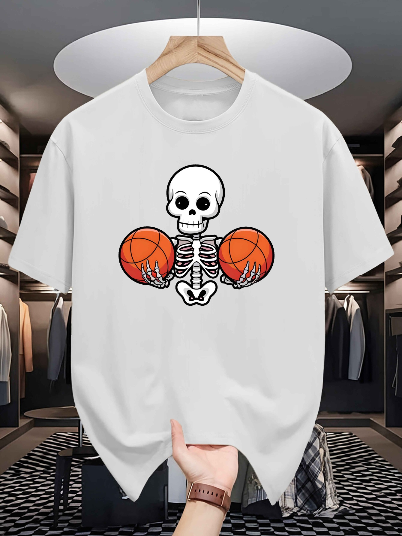Men's Graphic T-Shirt Quirky Skeleton Holding Two Bright Orange Basketballs
