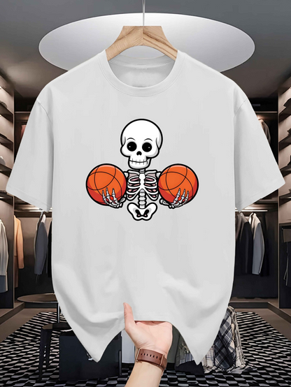 Men's Graphic T-Shirt Quirky Skeleton Holding Two Bright Orange Basketballs