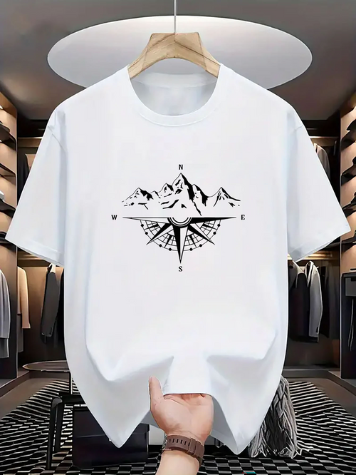 Men's Graphic T-Shirt Rugged Mountain Peaks With Intricate Compass Directions Under Majestic Sky Mountains