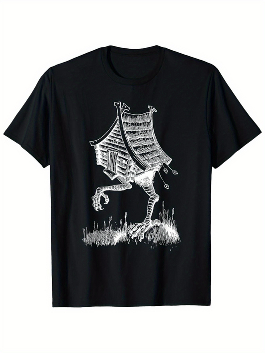 Men's Graphic T-Shirt Old Wooden Cottage With Feathered Chicken Legs Standing In Grass