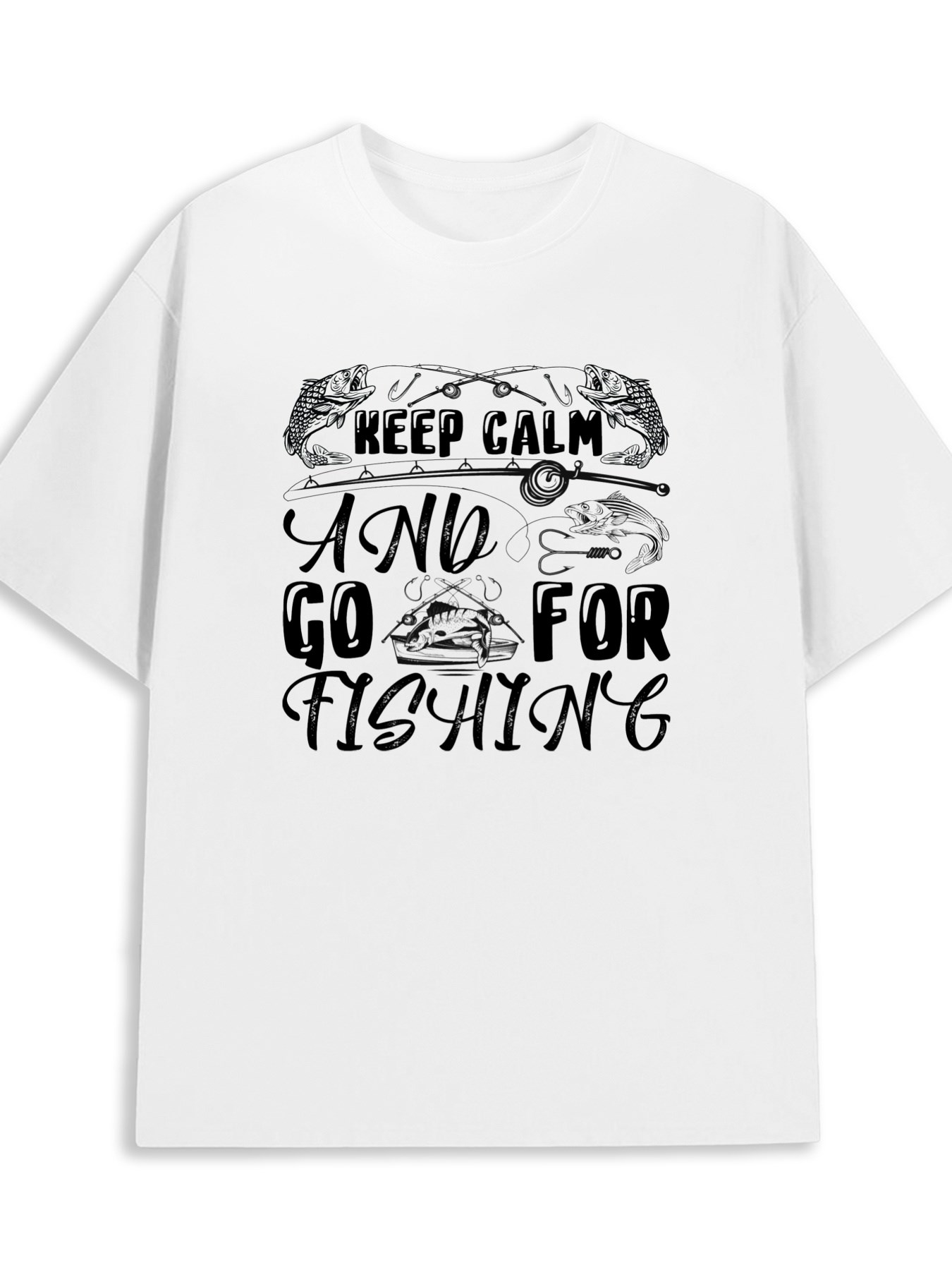 Men's Graphic T-Shirt Keep Calm And Go For Fishing With Lures And Jumping Fish