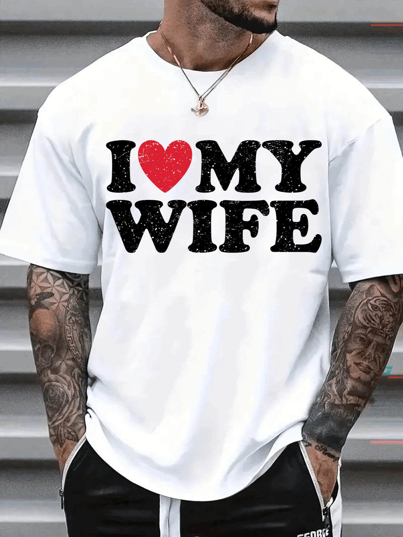 Men's Graphic T-Shirt I Love My Wife Letterpress Black Bold Red Heart Wife