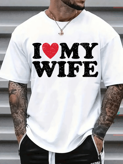 Men's Graphic T-Shirt I Love My Wife Letterpress Black Bold Red Heart Wife