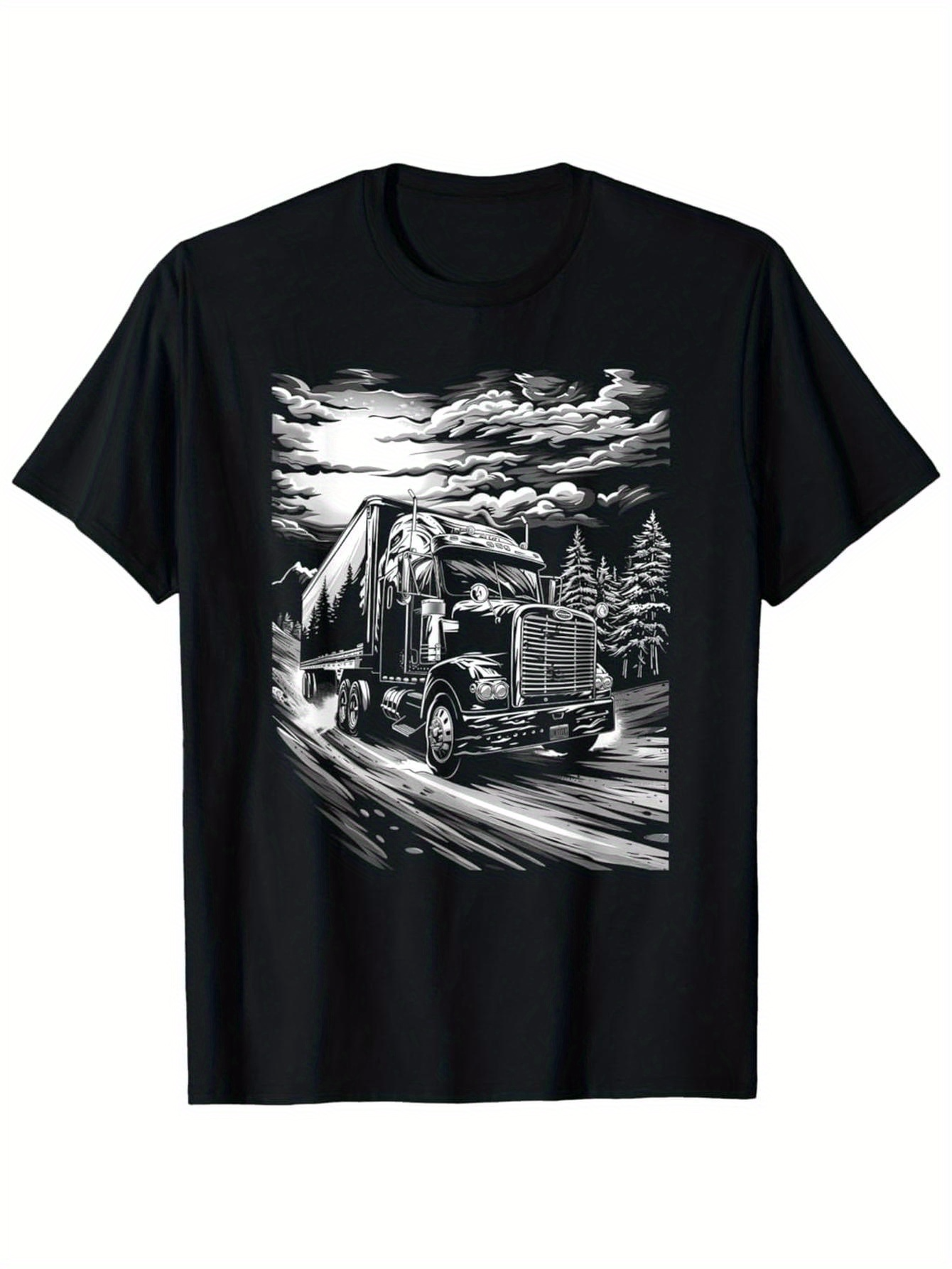Men's Graphic T-Shirt Dramatic Moonlit Highway With Speeding Truck And Mountain Landscape