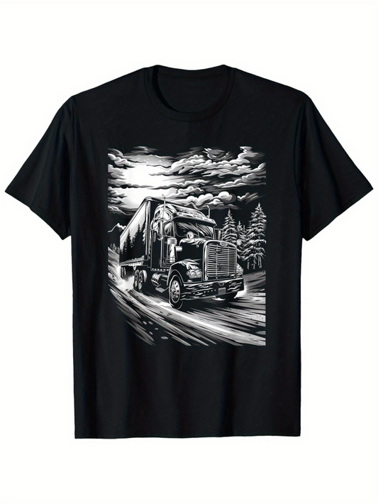 Men's Graphic T-Shirt Dramatic Moonlit Highway With Speeding Truck And Mountain Landscape