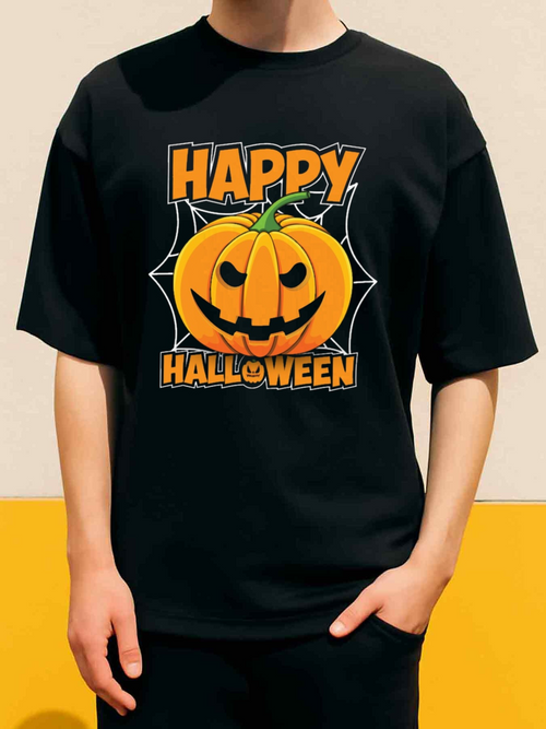 Men's Graphic T-Shirt Happy Halloween Glowing Orange Pumpkin With Smiling Face Surrounded By Web Pumpkin