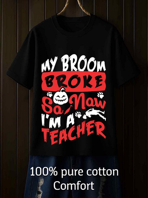 Men's Graphic T-Shirt My Broom Broke So Now I Am A Teacher Halloween Cat Pumpkin T Shirt