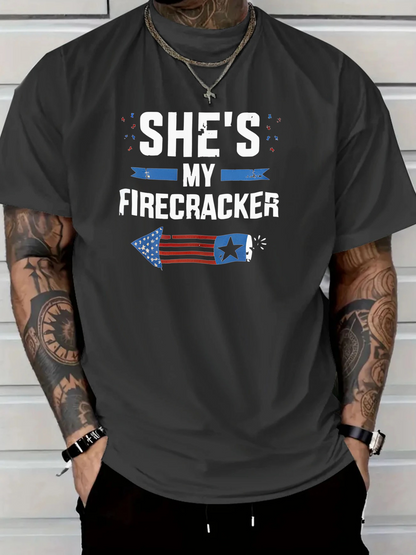 Men's Graphic T-Shirt Shes My Firecracker With American Flag Rocket Firework And Stars