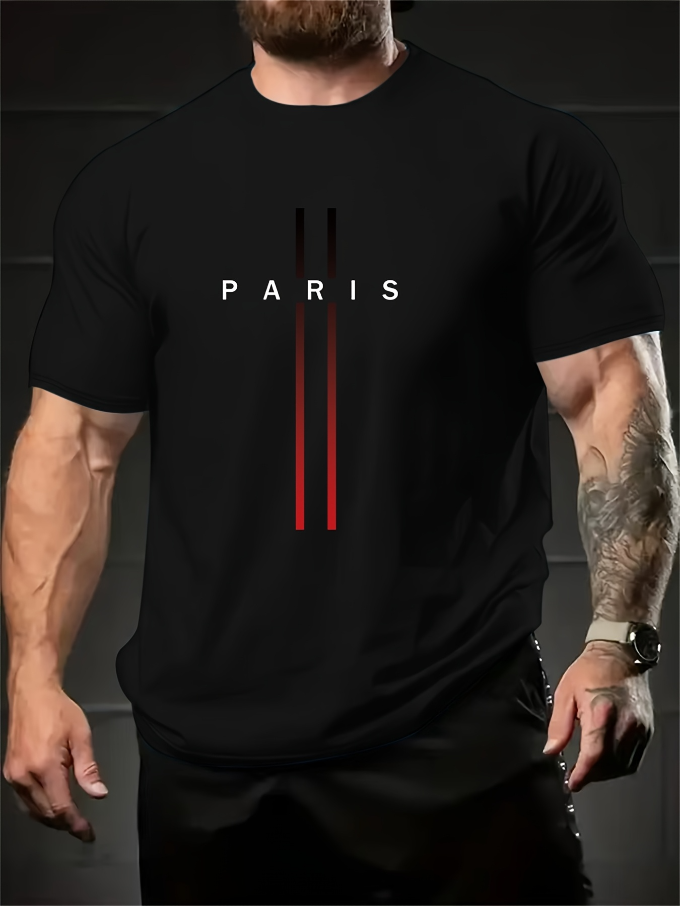 Men's Graphic T-Shirt Paris Letters With Red Gradient Graphic Lines Centerpiece