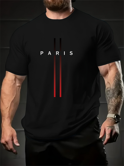 Men's Graphic T-Shirt Paris Letters With Red Gradient Graphic Lines Centerpiece