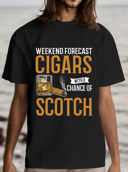 Men's Graphic T-Shirt Weekend Forecast With Whiskey Glass Cigars And Scotch