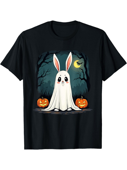 Men's Graphic T-Shirt Halloween Night With Pumpkins And Cute Bunny Ghost