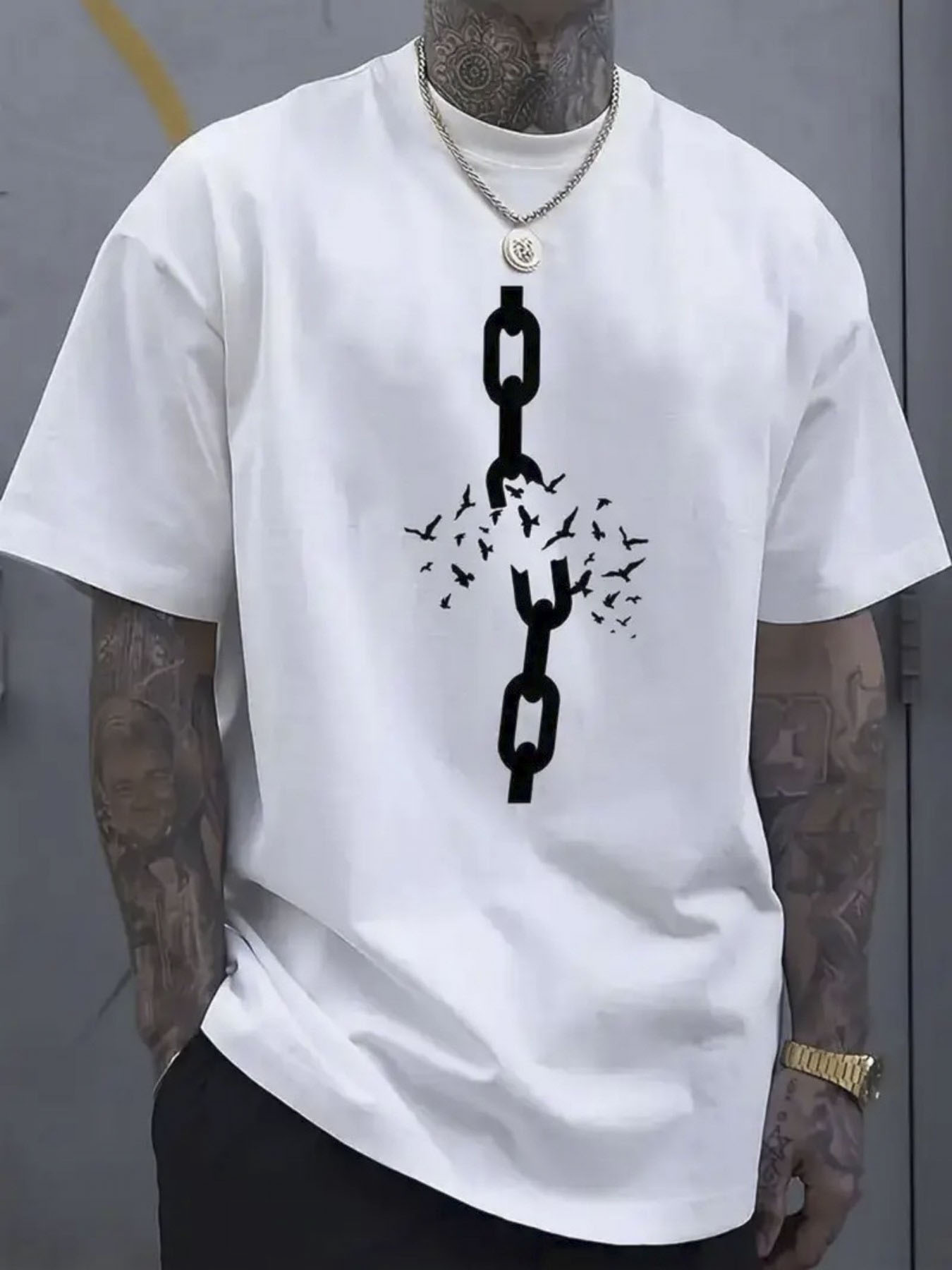 Men's Graphic T-Shirt Broken Chains With Flying Birds Surrounded By Freedom Theme Symbol Chain