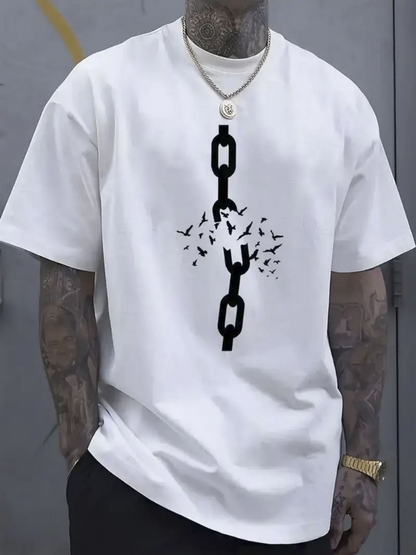 Men's Graphic T-Shirt Broken Chains With Flying Birds Surrounded By Freedom Theme Symbol Chain