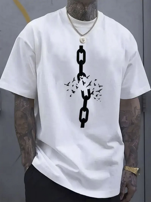 Men's Graphic T-Shirt Broken Chains With Flying Birds Surrounded By Freedom Theme Symbol Chain