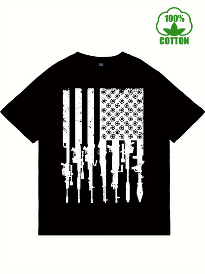 Men's Graphic T-Shirt Stars And Stripes With Varied Firearms Silhouetted Under Bold Contrasting Background