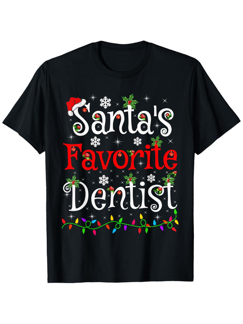 Men's Graphic T-Shirt Santas Favorite Dentist With Snowflakes And Colorful Festive Christmas Lights