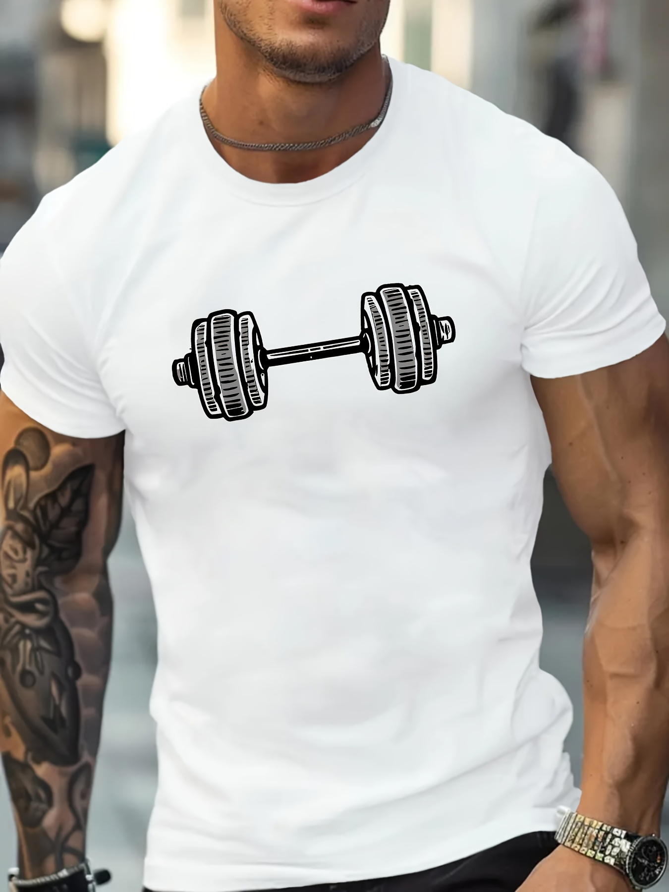 Men's Graphic T-Shirt Hand Drawn Weight Plates On Solid White Dumbbell
