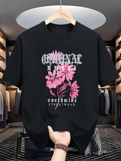 Men's Graphic T-Shirt Worldwide Streetwear Pink Floral Blooms With Modern Artistic Graphic Flower