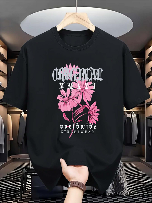 Men's Graphic T-Shirt Worldwide Streetwear Pink Floral Blooms With Modern Artistic Graphic Flower