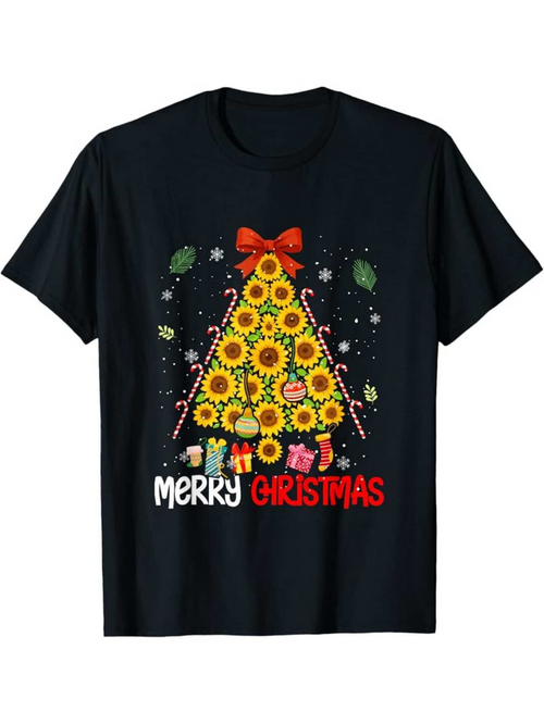 Men's Graphic T-Shirt Merry Christmas Sunflowers And Candy Cane Christmas Tree