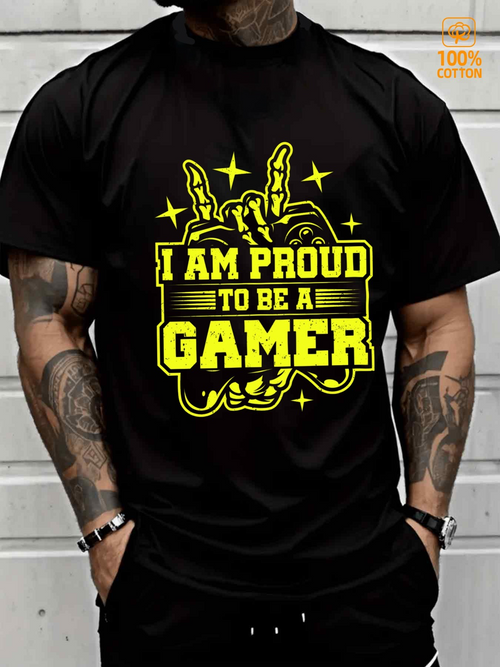 Men's Graphic T-Shirt I Am Proud To Be A Gamer Electric Neon Letters With Hand Gesture Surrounded By Shining Stars Gamer