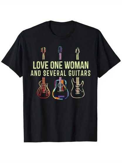 Men's Graphic T-Shirt Love One Woman Vibrant Neon Strings With Array Of Electric Guitars