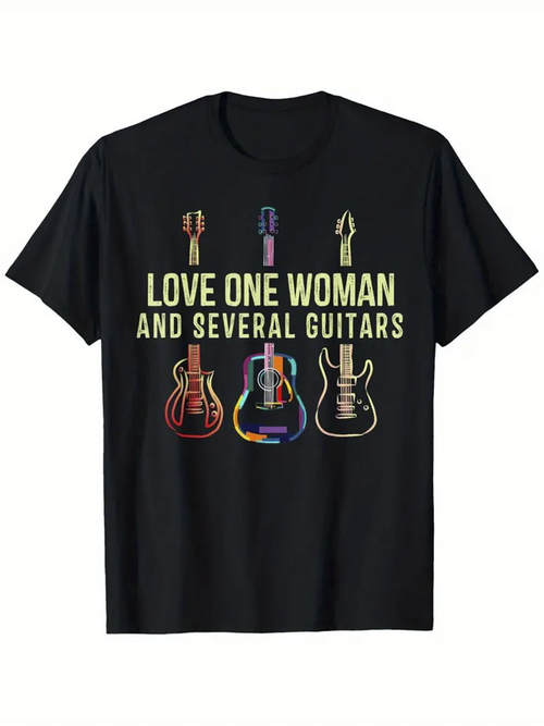 Men's Graphic T-Shirt Love One Woman Vibrant Neon Strings With Array Of Electric Guitars