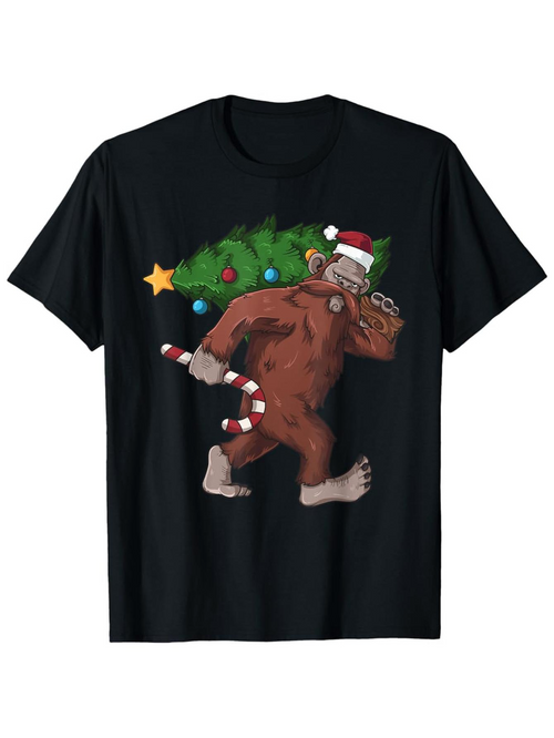 Men's Graphic T-Shirt Festive Holiday Cheerful Bigfoot Carrying Decorated Christmas Tree