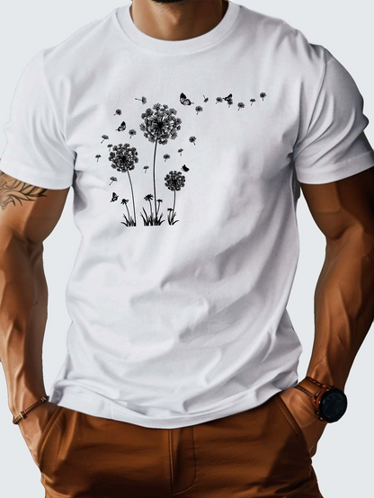 Men's Graphic T-Shirt Floating Breezes With Dandelion Seeds And Scattered Butterflies Flower