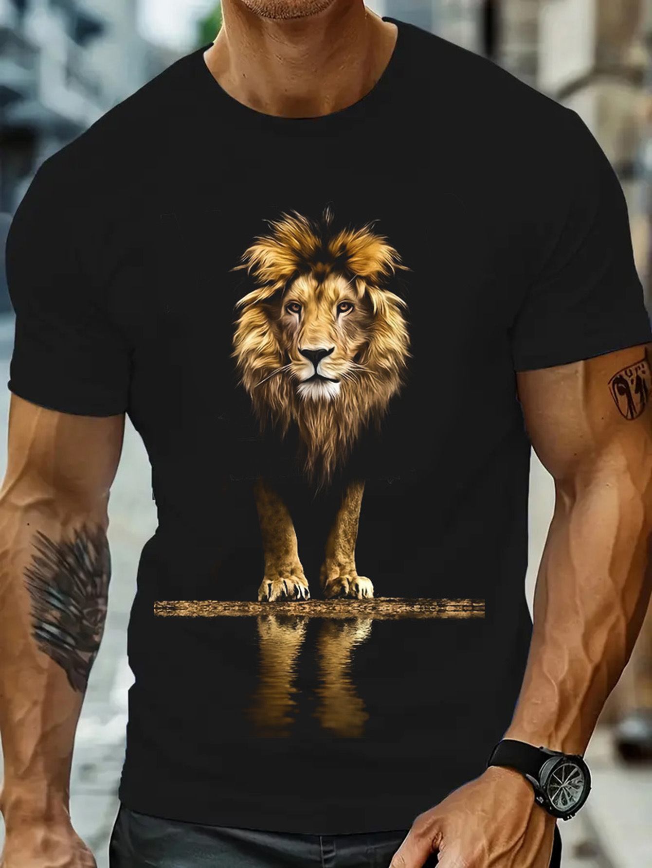 Men's Graphic T-Shirt Golden Reflections With Roaring King Standing Proud Lion